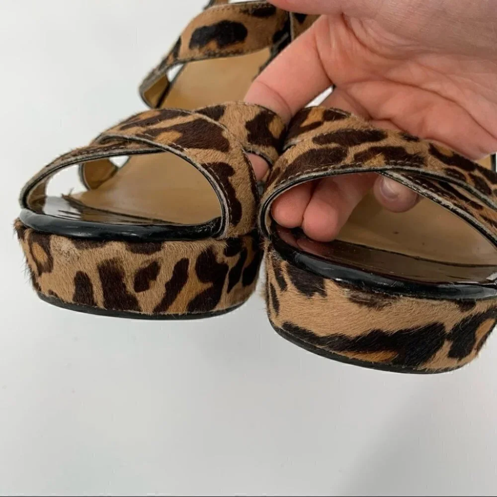 Nine West heels fannyr size 8 Cheetah print calf hair platform strappy wedges
